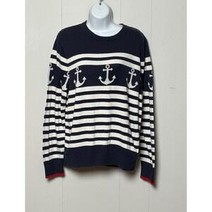 Nautica Women's Navy Blue White Striped Anchor Nautical Crewneck Sweater Medium